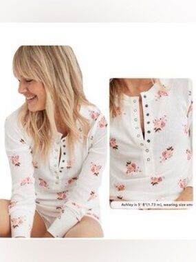 Aerie Thermal White Floral Print Long Sleeve Henley Snap Buttons Size Large